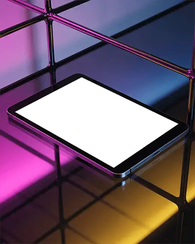 Ipad Pro Mockup On Glossy Reflective Surface With Colorful Neon Light Grid Background