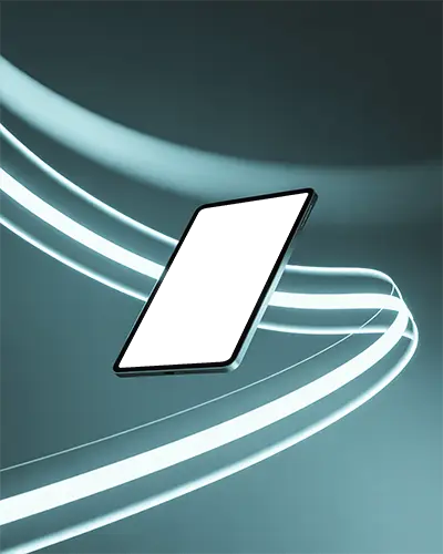Futuristic Ipad Mini Device Hovering Above Abstract Background With Curved Luminous Light Streaks