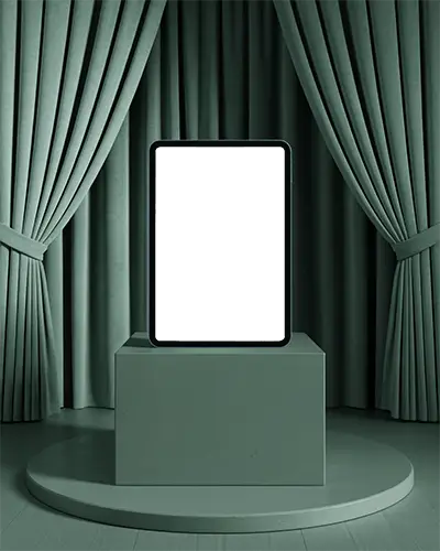Ipad Air Digital Tablet Mockup On Pedestal With Draped Stage Curtains Minimalist 3d Studio Showcase