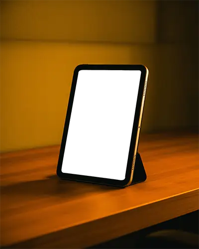Ipad Mini Mockup Standing On Wooden Desk With Warm Golden Lighting And Modern Setup