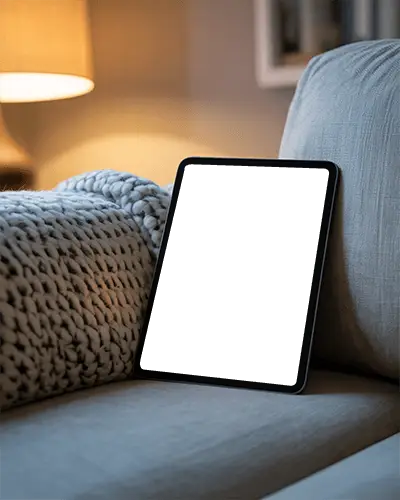 Ipad Pro Digital Tablet Mockup On Cozy Sofa With Knitted Blanket And Warm Lamp Lighting