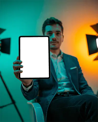 Professional Ipad Air Mockup Man Holding Device In Cinematic Photo Shoot Environment
