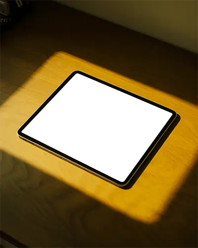 Ipad Pro Flat Mockup On Wooden Surface With Bright Light Shadows Minimal Elegant Presentation