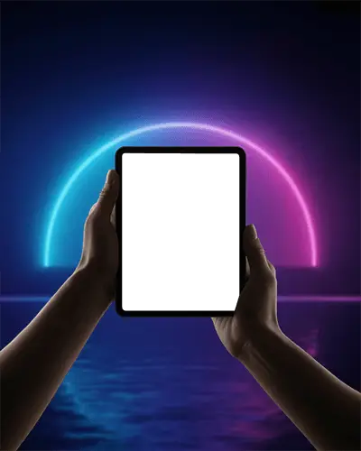 Ipad Mini Mockup Held In Hands With Neon Glow Half Circle Background Over Water