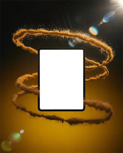 Ipad Air Mockup Floating With Golden Dust Swirls And Sunlight Lens Flare Background