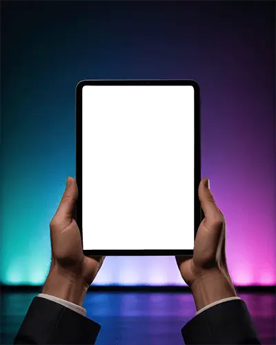 Premium Ipad Mini Mockup Device Held In Both Hands With Gradient Light Effects Background