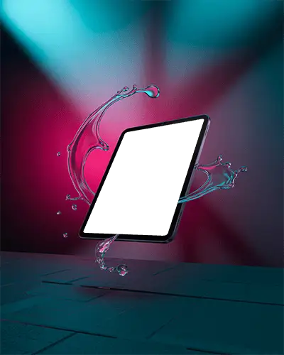 Premium Ipad Pro Tablet Mockup Surrounded By Dynamic Water Motion On Colored Backdrop