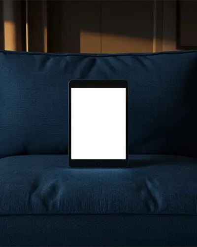 Modern Ipad Mini Mockup On Textured Couch For Digital Presentation Or Advertising