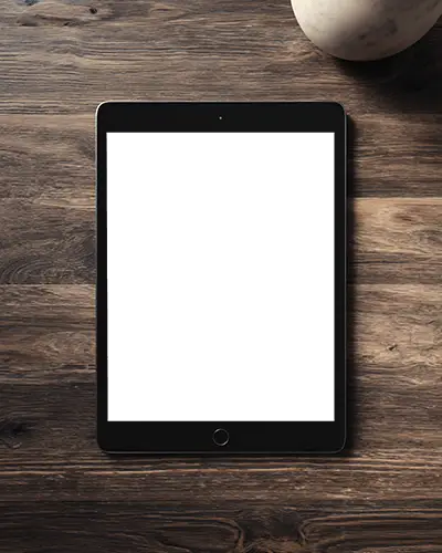 Digital Ipad Air Mockup On Rustic Wooden Table For App Showcase And User Interface Display