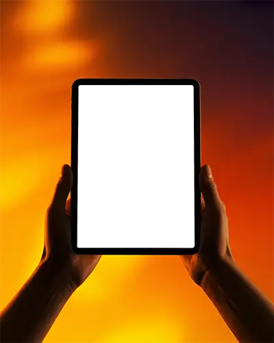 Hands Holding Ipad Air Mockup With Blank Screen Display Over Glowing Bright Background