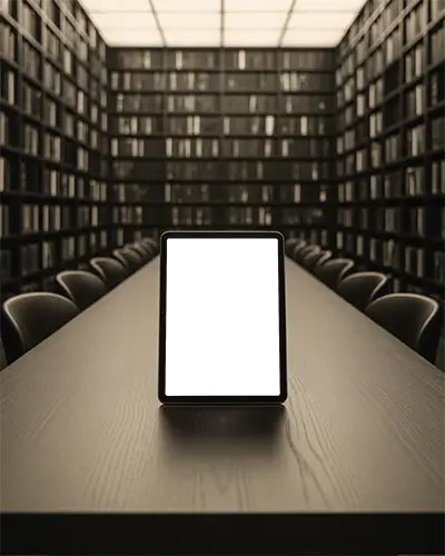 Blank Screen Ipad Pro Mockup On Library Table For Education And E Library Advertisement