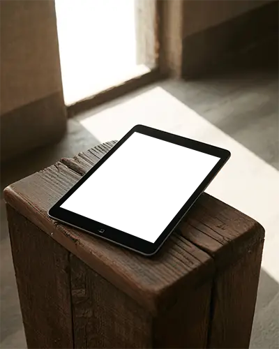 Sleek Ipad Mini Mockup Displayed On Vintage Wooden Surface With Natural Light For Digital Use