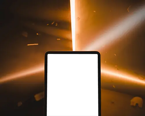 Hand Held Ipad Mini Mockup With Blank Screen Against Vertical Light Division Background