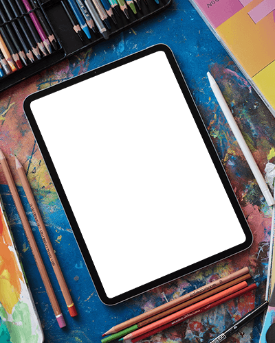 Paint Studio Ipad Mockup Tablet Surrounded By Art Supplies On Textured Canvas Workspace Inspiring And Expressive Design