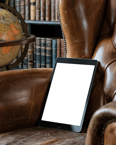 Vintage Library Ipad Mockup Digital Tablet On Classic Leather Armchair With Antique Books And Globe