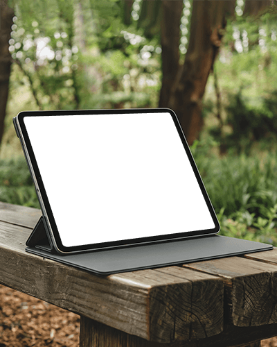 Nature Ipad Mockup Digital Tablet On Rustic Wooden Bench In Lush Green Forest Setting