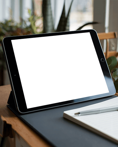 Cozy Workspace Ipad Mockup Digital Tablet On Wooden Desk With Notebook Pen And Natural Lighting