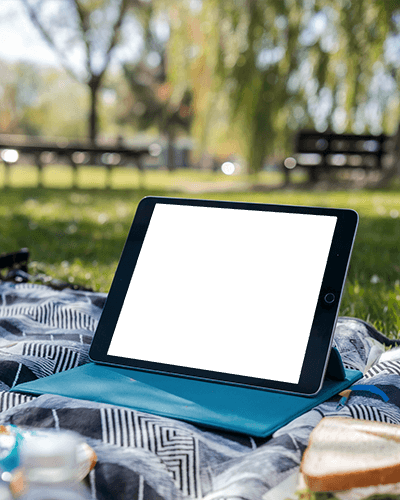 Cozy Picnic Ipad Mockup Digital Device On Patterned Blanket With Snacks And Serene Park Background