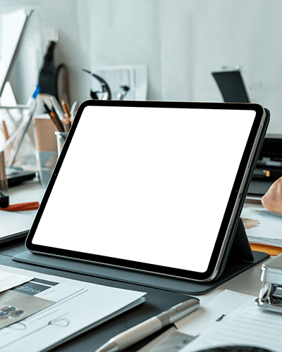 Creative Workspace Ipad Mockup Digital Tablet On Designers Desk With Sketches Pens And Office Supplies