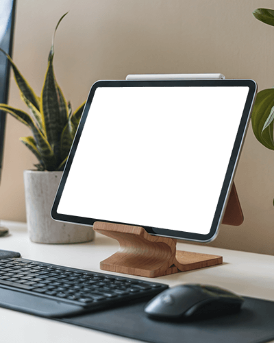 Modern Desk Ipad Mockup Digital Tablet On Wooden Stand With Keyboard Mouse And Greenery