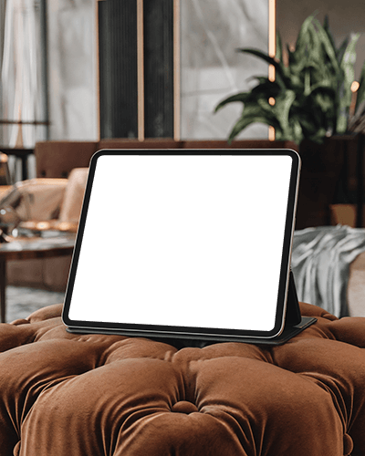 Luxury Ipad Mockup Digital Tablet On Plush Brown Velvet Ottoman In Elegant Living Space