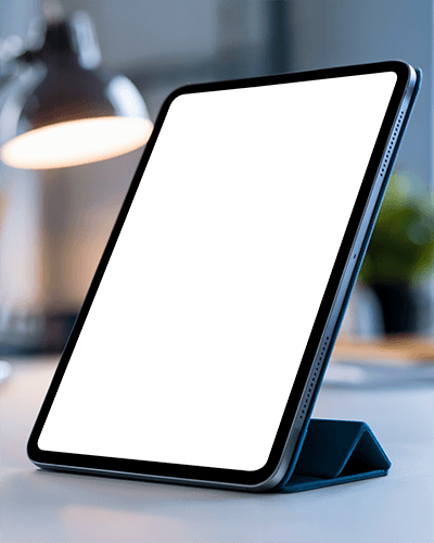 Elegant Home Office Ipad Mockup Tablet In Upright Position With Warm Ambient Lighting And Modern Aesthetic