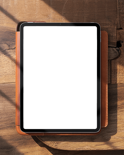 Ipad On Leather Cover Mockup With Rustic Wood Background