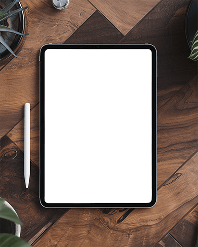 Top View Ipad Mockup On Wooden Desk With Stylus