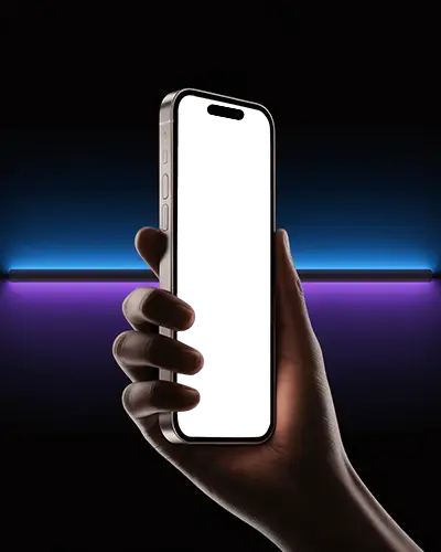 Hand Holding Modern Iphone 15 Pro Mockup With Black Screen On Dark Background With Neon Light