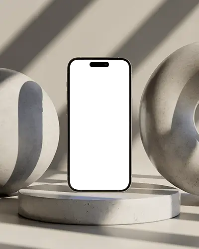 Iphone 15 Plus Mockup Front View On Concrete Podium With Abstract Shadow And Light Play