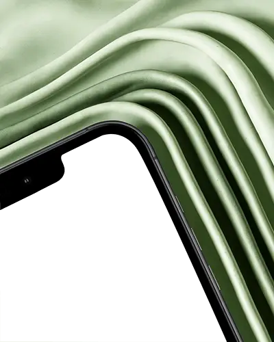 Iphone 13 Mockup Corner Closeup Against Wavy Sage Green Fabric With Luxury Texture Effect