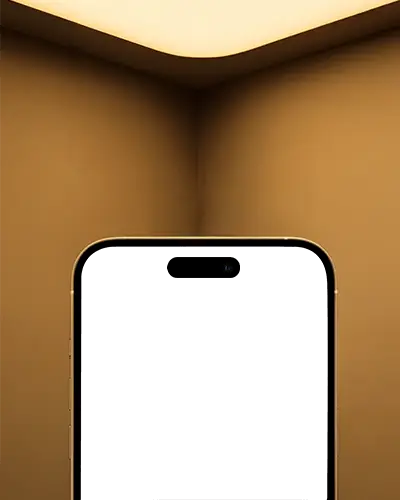 Iphone 15 Pro Mockup Front Closeup In Golden Corner Niche With Soft Glow Lighting Above