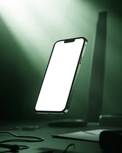 Floating Iphone 14 Mockup Dark Cinematic Lighting Angled Front View Modern Setup Style