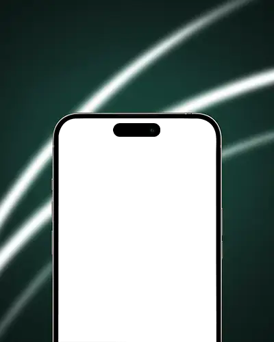 Close Up Iphone 16 Mockup Front View With Glowing Light Trails And Dark Gradient Backdrop