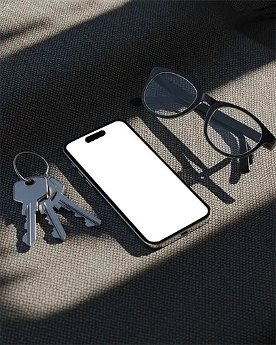 Top View Iphone 15 Pro Mockup Styled With Metal Keys And Glasses On Woven Dark Fabric