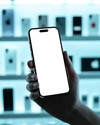 Iphone 16 Plus Front View Mockup In Hand With Sleek Bluish Display Of Retail Smartphones