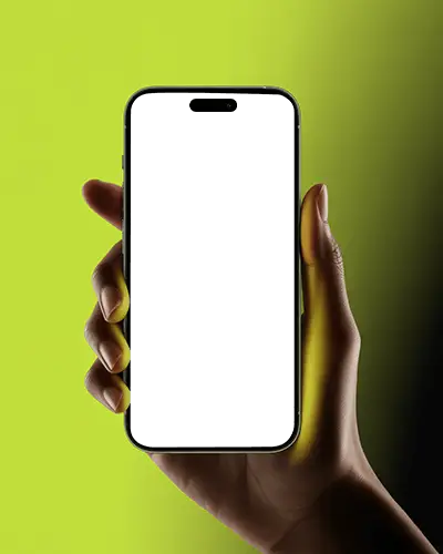 Bold Studio Iphone 15 Mockup Hand Positioned Against Fluorescent Green To Black Gradient