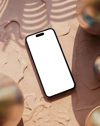 Iphone 15 Pro Mockup On Textured Sand Surface With Metal Spheres And Shadow Play