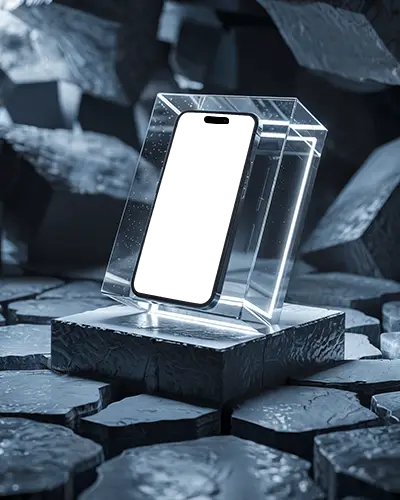 Iphone 16 Mockup Showcased In Clear Acrylic Display Over Abstract Metal Surface