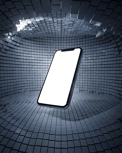 Iphone 12 Mockup Floating In 3d Tiled Room With Curved Abstract Wall And Spotlight