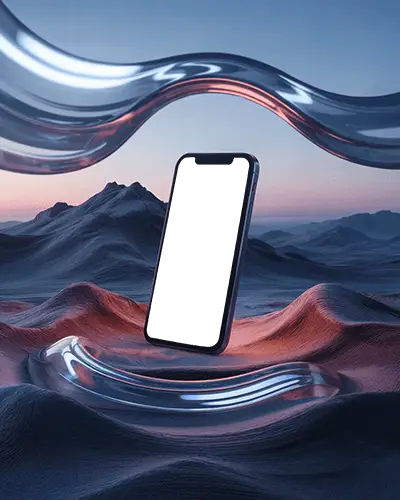Iphone 13 Mockup Floating Over Digital Desert Landscape With Liquid Glass Elements