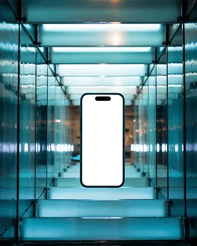 Iphone 14 Pro Mockup Floating In Glass Tunnel With Futuristic Blue Lighting Effects