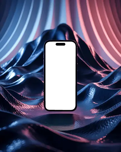 Futuristic Wave Surface Iphone 15 Mockup Under Glow Arcs And Dual Tone Light