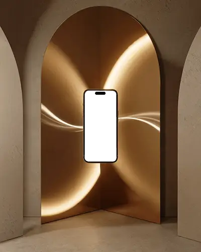 Iphone 16 Pro Mockup Floating In Golden Arched Niche With Glowing Curved Light