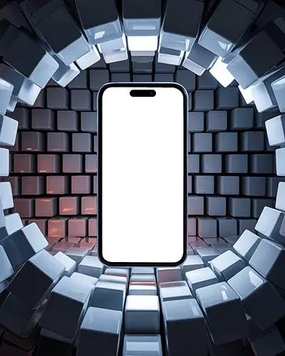 Immersive Tech Cube Iphone 15 Pro Mockup Enclosed In Modern 3d Grid Structure
