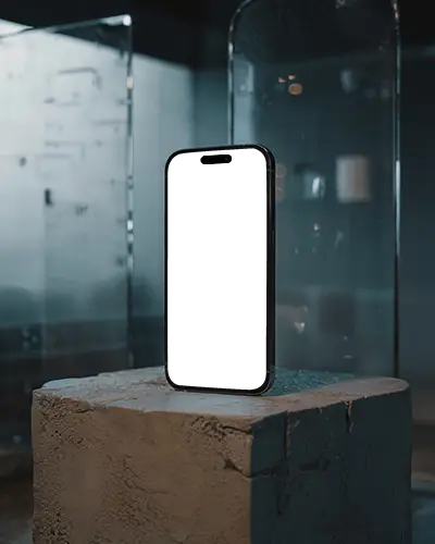 Iphone 15 Mockup Studio Shot On Stone Pedestal With Minimal Exhibit Style Glass Display