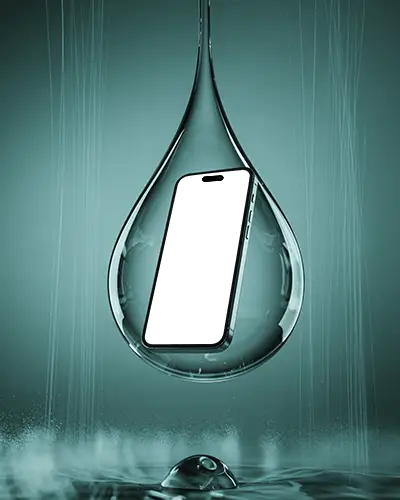Surreal Iphone 15 Pro Mockup Trapped In Glass Like Droplet With Dramatic Water Effects