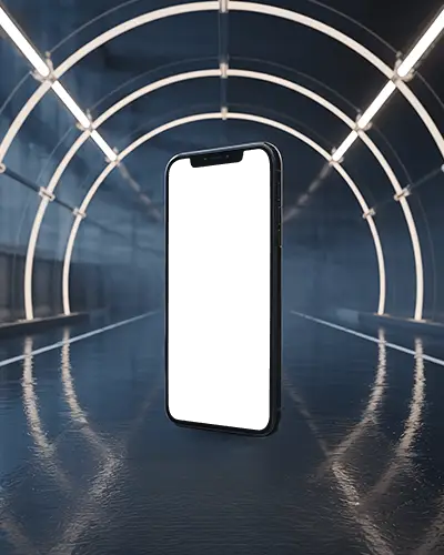 High Tech Tunnel Iphone 14 Mockup On Shiny Surface With Glowing Arches Background