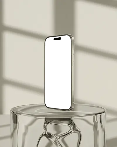 Iphone 16 Plus Mockup Standing On Glass Pedestal With Soft Window Shadows In Neutral Light