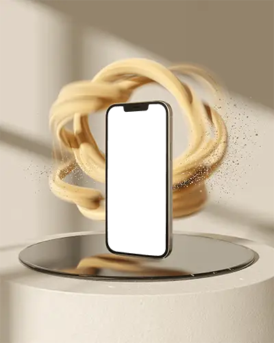 Premium Iphone 14 Mockup Surrounded By Golden Sand Swirls On Reflective Round Pedestal